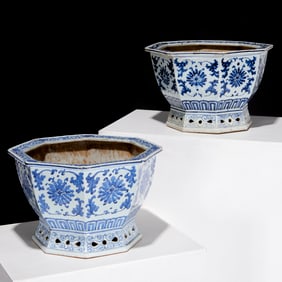 Pair large Chinese blue & white jardinieres