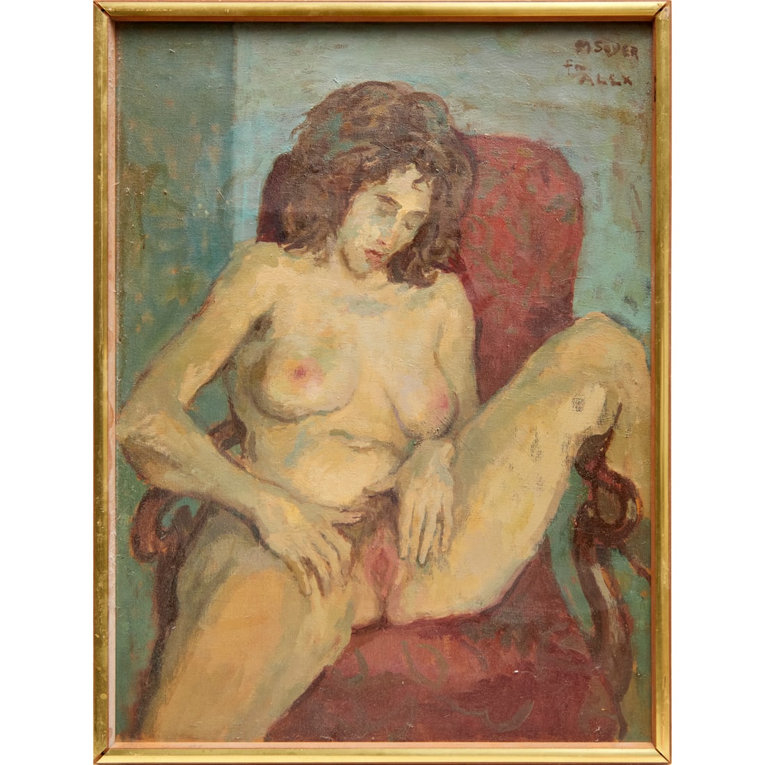 Moses Soyer, oil on canvas, erotic nude: Moses Soyer, oil on canvas, erotic nude, Moses Soyer (American, 1899-1974), Untitled (Erotic Nude), signed and inscribed "M. Soyer - For Alex" upper right, 24"h x 18"w (sight), 25"h x 19.5"w (frame) P