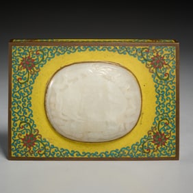 Chinese cloisonne box with carved jade plaque