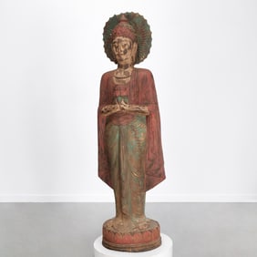 Life-size carved polychromed wood Buddha