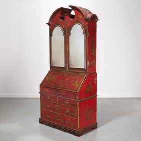 George I style red japanned bureau cabinet