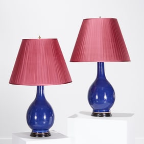Pair Chinese powder blue porcelain vase lamps