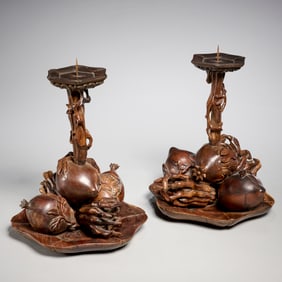 Pair Chinese carved hardwood candlesticks