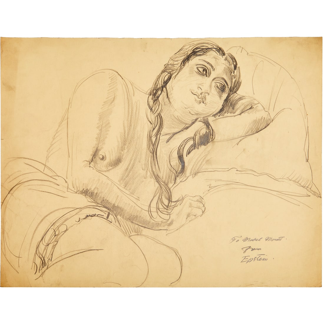 Jacob Epstein, graphite on paper: Jacob Epstein, graphite on paper, Sir Jacob Epstein K.B.E. (American-British, 1880-1959), Nude Portrait, inscribed and signed "Epstein", loose and unframed, 17"h x 22"w Provenance: The Estate of Alexa