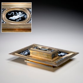 Victorian Elkington gilt silver and enamel inkwell