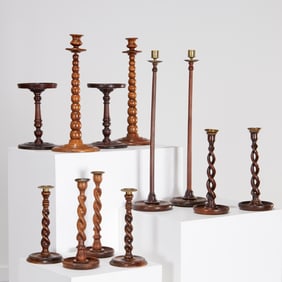 Collection (12) English mahogany candlesticks