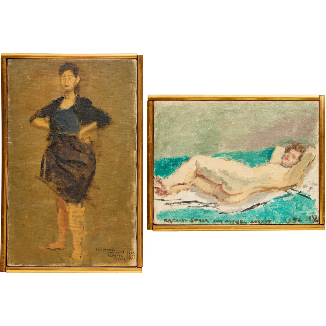 Raphael Soyer, (2) oils on canvas: Raphael Soyer, (2) oils on canvas, Raphael Soyer (Russian-American, 1899-1987), "Reclining Female Nude", 1956, and Standing Female, 1953, each signed "Raphael Soyer", and inscribed to Mabel Dobkin, la