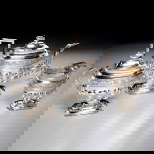 American silver 3-piece tea service, ex museum: American silver 3-piece tea service, ex museum, c. 1826, New York, mark of William Thomson, repousse coin silver, each piece with lobed body, decorated with a band of grape vines, including a lidded t