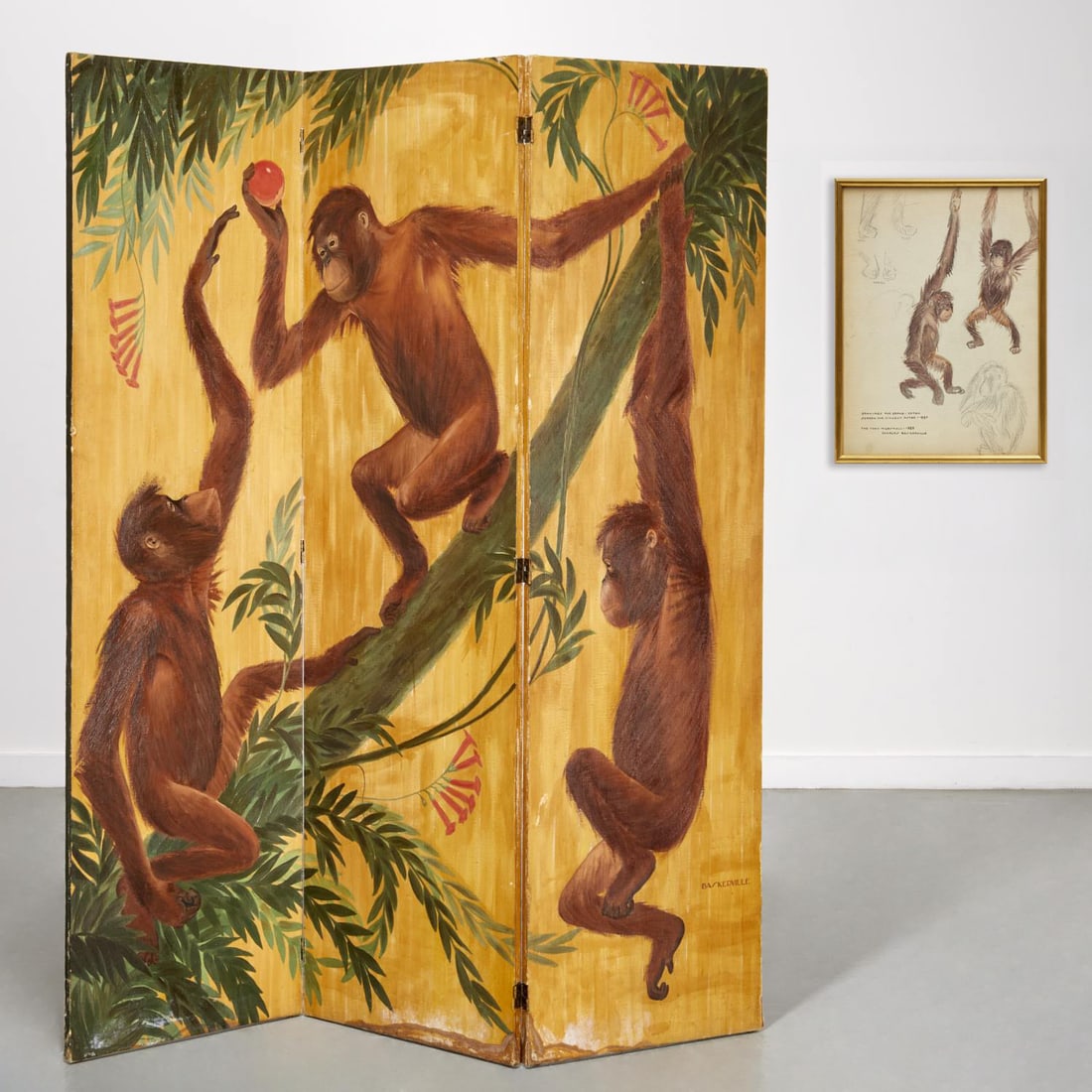 Charles Baskerville, screen, ex Vincent Astor: Charles Baskerville, screen, ex Vincent Astor, Charles Baskerville (American, 1896-1994), Orangutans Hanging from Vines, three hinged canvas wrapped wood panels, the backs of the panels painted with f