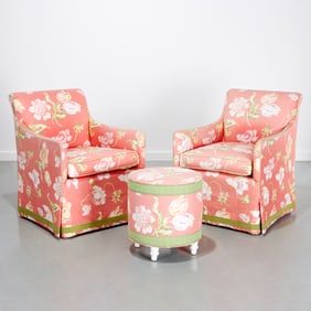 Ferrell Mittman chintz club chairs and ottoman