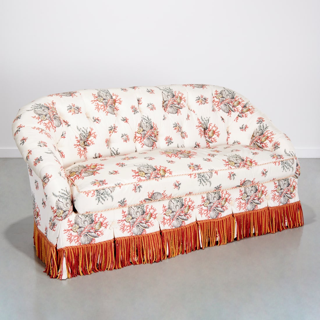 Designer Scalamandre "Neptune's Treasure" loveseat: Designer Scalamandre "Neptune's Treasure" loveseat, 20th c., American, button tufted with tassel trim, unmarked, 36"h x 71.5"w x 37"d, 24"h (seat height) Provenance: Property from LuShan Farm, Chester