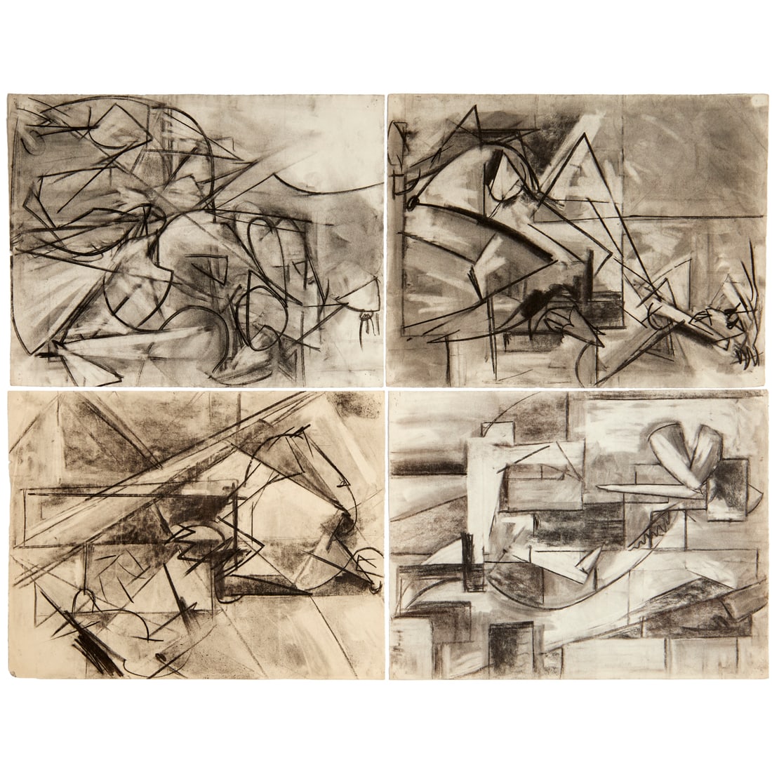 School of Hans Hofmann, (4) charcoal drawings: School of Hans Hofmann, (4) charcoal drawings, Margaret Trumbull Jennings (American, 1896-1983), untitled cubist drawings with corrections by Hans Hofmann (by repute), loose and unframed, 25"h x 19"w