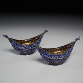 Pair Indo-Persian cobalt enameled silver Kashkuls