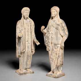 Pair Ancient Greek style earthenware Kore figures