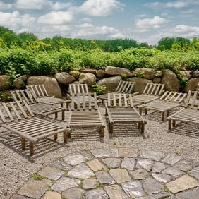 Set (10) bamboo turned teak chaise lounges