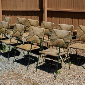 Set (11) Mid-Century French rush and iron chairs