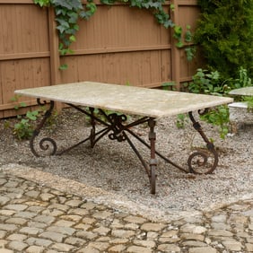 French wrought iron and stone garden table