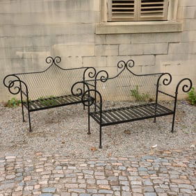 Pair French Art Deco wrought iron garden benches