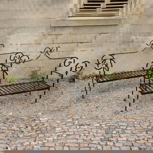 Pair French Art Deco wrought iron garden benches: Pair French Art Deco wrought iron garden benches, Mid 20th c., in the manner of Jean Royere, black painted, scroll frame, twisted arm rests, unmarked, 39"h x 63"w x 16"d Provenance: Property from LuSh
