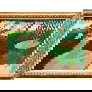 Rene Genis, oil on canvas, 1964: Rene Genis, oil on canvas, 1964, Rene Genis (French, 1922-2004), "Les Roses Sous La Tonnelle", signed "Rene Genis" lower margin and verso, titled verso, incl. digital copy of redacted invoice, 31.25"h