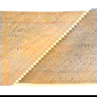 Room-size Oushak carpet: Room-size Oushak carpet, First half 20th c., hand knotted wool, yellow, salmon, and brown tones on cream ground, approx. 15'6"l x 12'1"w Provenance: An Important Private Collection: Southampton, NY