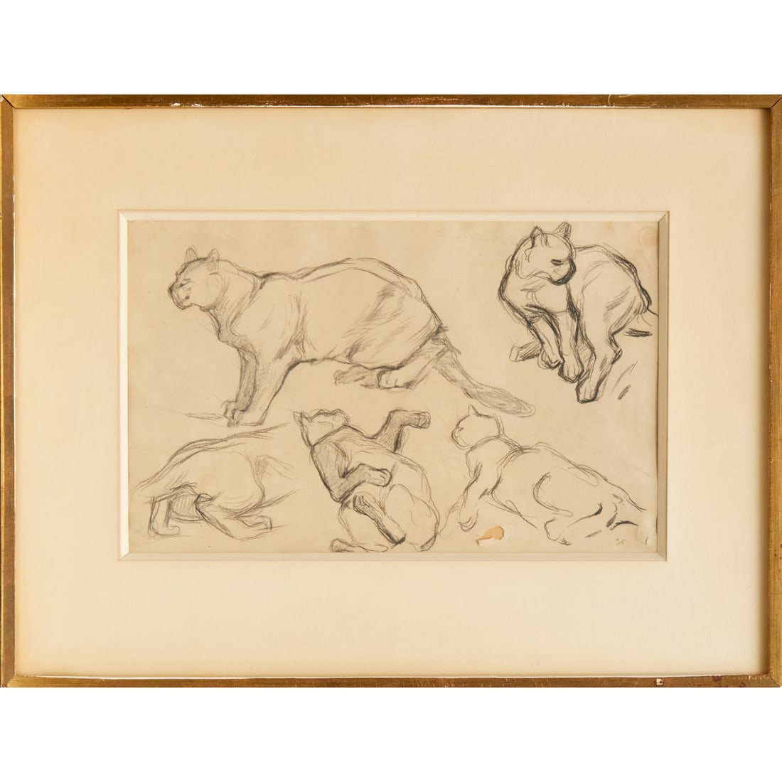 Theophile-Alexandre Steinlen, feline drawing: Theophile-Alexandre Steinlen, feline drawing, Theophile-Alexandre Steinlen (French, 1859-1923), Sketch of Cats, signed "St." at lower right, inscribed "Steinlen" to frame verso, 9"h x 14"w (sight), 15