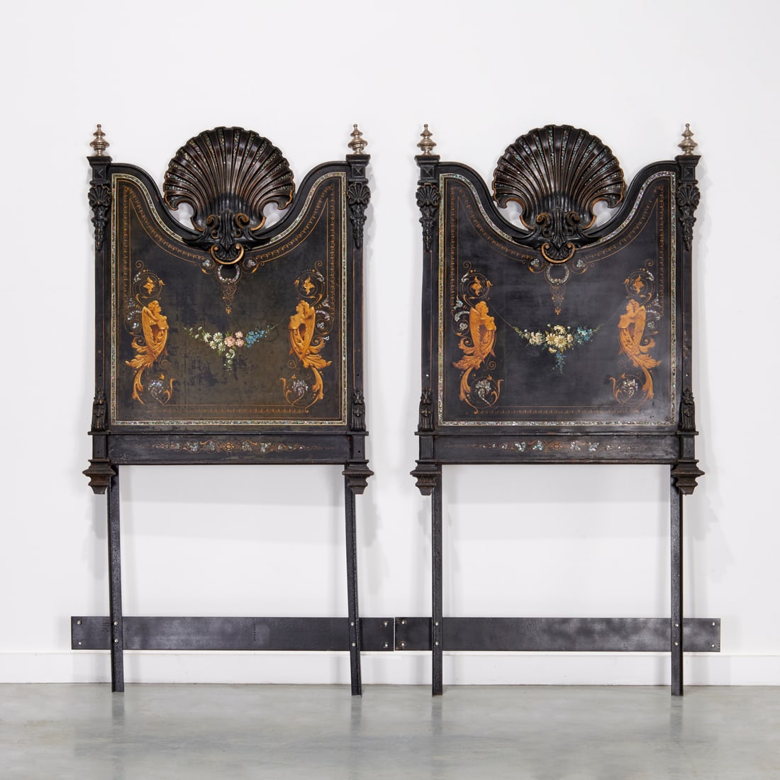 Pair Italian hand-painted tole headboards: Pair Italian hand-painted tole headboards, 19th c., Italy, hand-painted accents with mother-of-pearl inlay and large cast bronze shells, each 67"h x 33"w x 3"d Provenance: Property from LuShan Farm, C