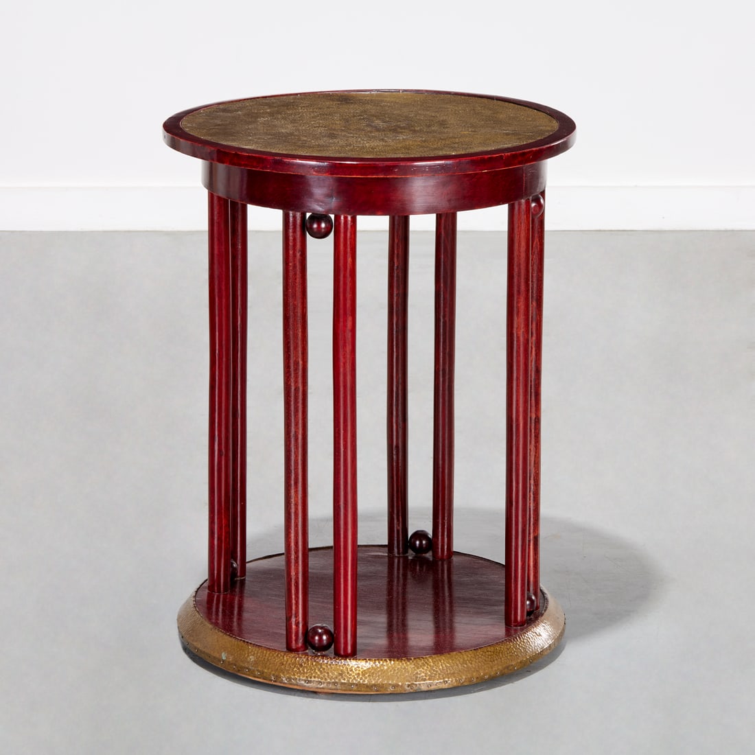Josef Hoffman "Fledermaus" table: Josef Hoffman "Fledermaus" table, c. 1908, Austria, beech and hammered brass, unmarked, 26"h x 20"dia