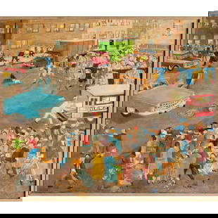 Robert Cendella, oil on canvas, 1961: Robert Cendella, oil on canvas, 1961, Robert Cendella (American, b. 1940), "The Accident", signed "R. Cendella" at lower right, titled and labeled on stretcher verso, 35.5"h x 42.25"w (sight), 36.75"h