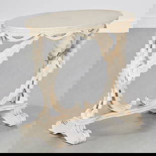 Art Deco painted swan table: Art Deco painted swan table, c. 1930s, cream painted pine, oval trestle occasional table with carved swan legs and drapery swags apron, unmarked, 22.75"h x 24.25"l x 16.5"w