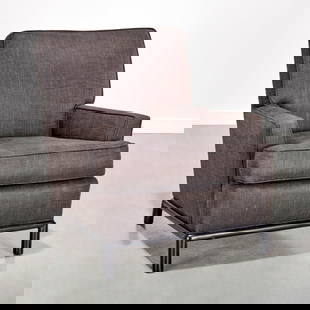 T.H. Robsjohn Gibbings, lounge chair: T.H. Robsjohn Gibbings, lounge chair, Mid-20th c., dark gray upholstery, on black lacquered wood legs, unmarked, 33.5"h x 31.5"w x 31.5"d
