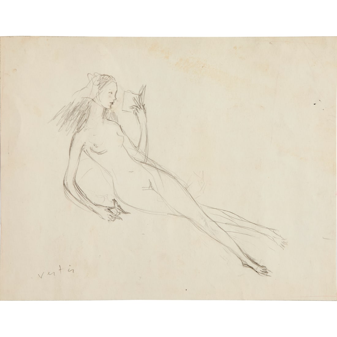Marcel Vertes, graphite drawing: Marcel Vertes, graphite drawing, Marcel Vertes (French, 1895-1961), Reclining Nude Reading a Book, graphite on paper, partially completed sketches verso, signed lower left "Vertes", 10.5"h x 13.5"w (s