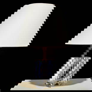 Modernist Lucite table lamp: Modernist Lucite table lamp, c. 1970s, Italy, sculpted design, 21.75"h x 5.25"w x 4.75"d (total) 13"h x 18"dia (shade)