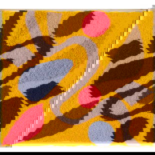 Modernist pile tapestry, Philip Pearlstein Coll.: Modernist pile tapestry, Philip Pearlstein Coll., Mid-20th c., brightly colored wool rug on textile backing, glued to underlying mat, unsigned, in plexiglass box frame, 12.75"h x 14.5"w Provenance: Th