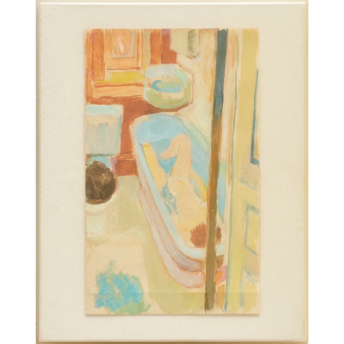 Rick Prol, mixed media on paper, 1977: Rick Prol, mixed media on paper, 1977, Rick Prol (American, b. 1958), Nude in Bath, watercolor and gouache, signed "Rick Prol" and dated at lower center, 12"h x 7.25"w (sheet), 14.5"h x 11.25"w (acryl