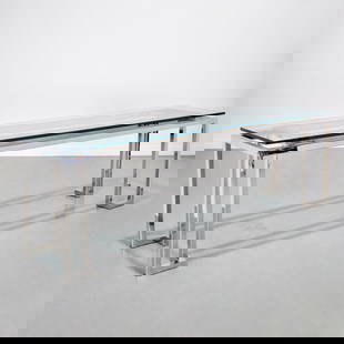 Modern floating glass top chrome console table: Modern floating glass top chrome console table, 20th c., rectangular 1-inch thick glass top, unmarked, 29.25"h x 91.5"w 20.75"d Provenance: The Collection of Placido Domingo
