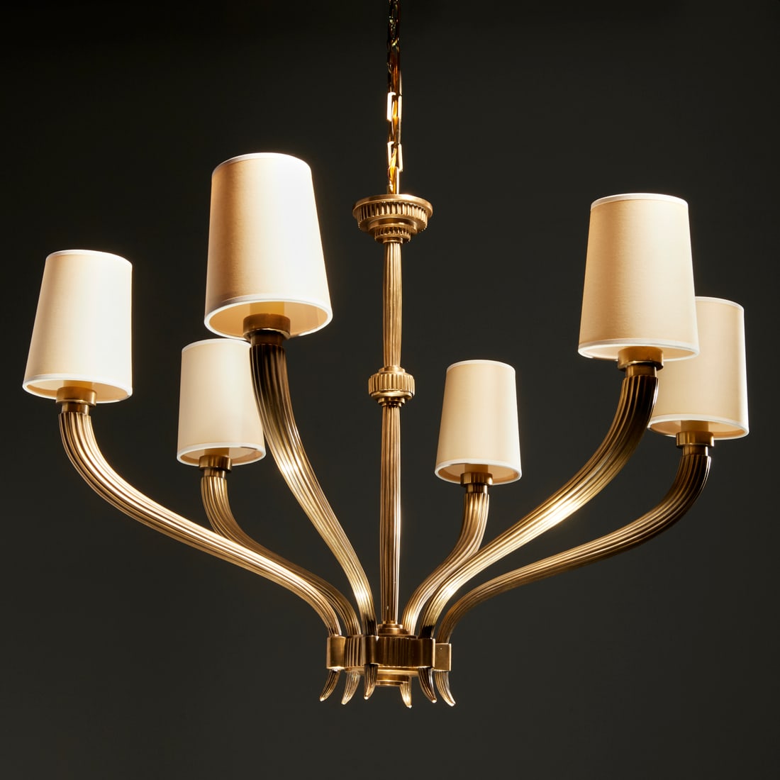 Chapman & Myers brass "Ruhlmann" chandelier: Chapman & Myers brass "Ruhlmann" chandelier, 20th c., six scrolling arms with standard sockets and clip-on shades, unmarked, 24.5"h (not incl. chain) x 33"dia