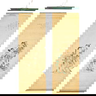 (2) Chinese scroll figure paintings, Qing Dynasty: (2) Chinese scroll figure paintings, Qing Dynasty, Qing Dynasty (likely 19th c. or older), ink and watercolor on silk, each depicting a pair of Chinese women, with calligraphy at top, no seal marks, a