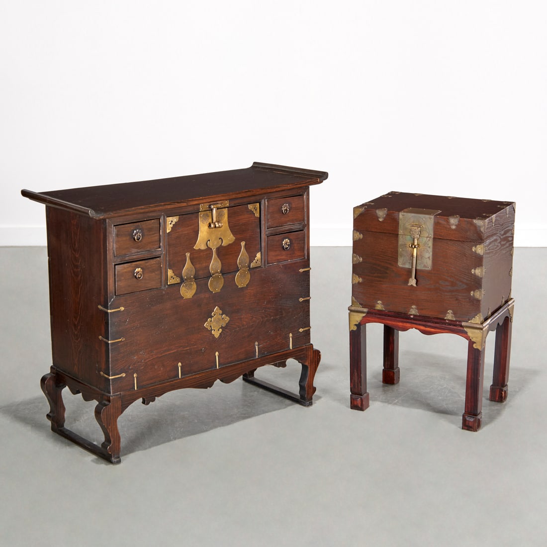 (2) Korean style brass mounted wood chests (1 of 8)