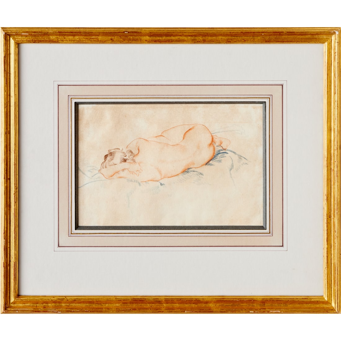 William Russell Flint, drawing on paper: William Russell Flint, drawing on paper, Sir William Russell Flint (Scottish, 1880-1969), Untitled (Nude on Bed), signed faintly lower right, label verso, 7"h x 10"w (sight), 16"h x 19"w (frame) Prove