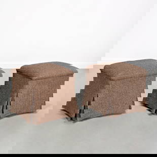 Pair custom brown tweed upholstered stools: Pair custom brown tweed upholstered stools, 20th c., fully upholstered and skirted, unmarked, 19.5"h x 20"squ Provenance: A Private Collection: 575 Park Avenue & Rye, NY