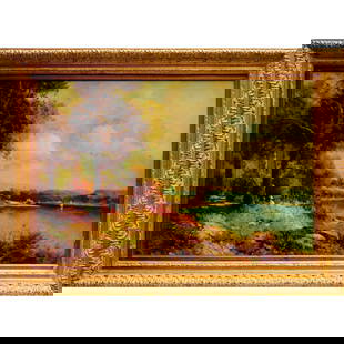 F. Latte, large Impressionist oil on canvas: F. Latte, large Impressionist oil on canvas, 20th c., Woman and Children in Landscape, signed lower left, 23.5"h x 35.5"w (sight), 32.5"h x 44.5"w x 2.5"d (frame) Provenance: A Private Collection: 575