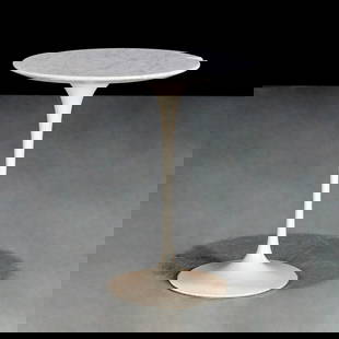 Eero Saarinen for Knoll, Tulip side table: Eero Saarinen for Knoll, Tulip side table, 20th c., USA, white patinated metal base, attached round marble top, unmarked, 20.75"h x 16"dia