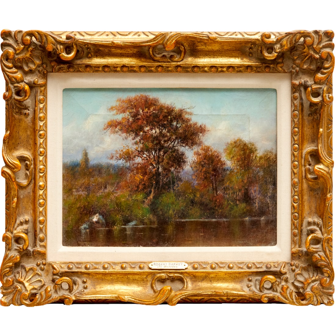 Robert Harvey, oil on canvas: Robert Harvey, oil on canvas, Robert Harvey (Irish-American, 1848-1920), "In October", signed "R Harvey" lower left (partially obscured by frame), 8.5"h x 11.5"w (sight), 14.5"h 17.5"w (frame) Provena
