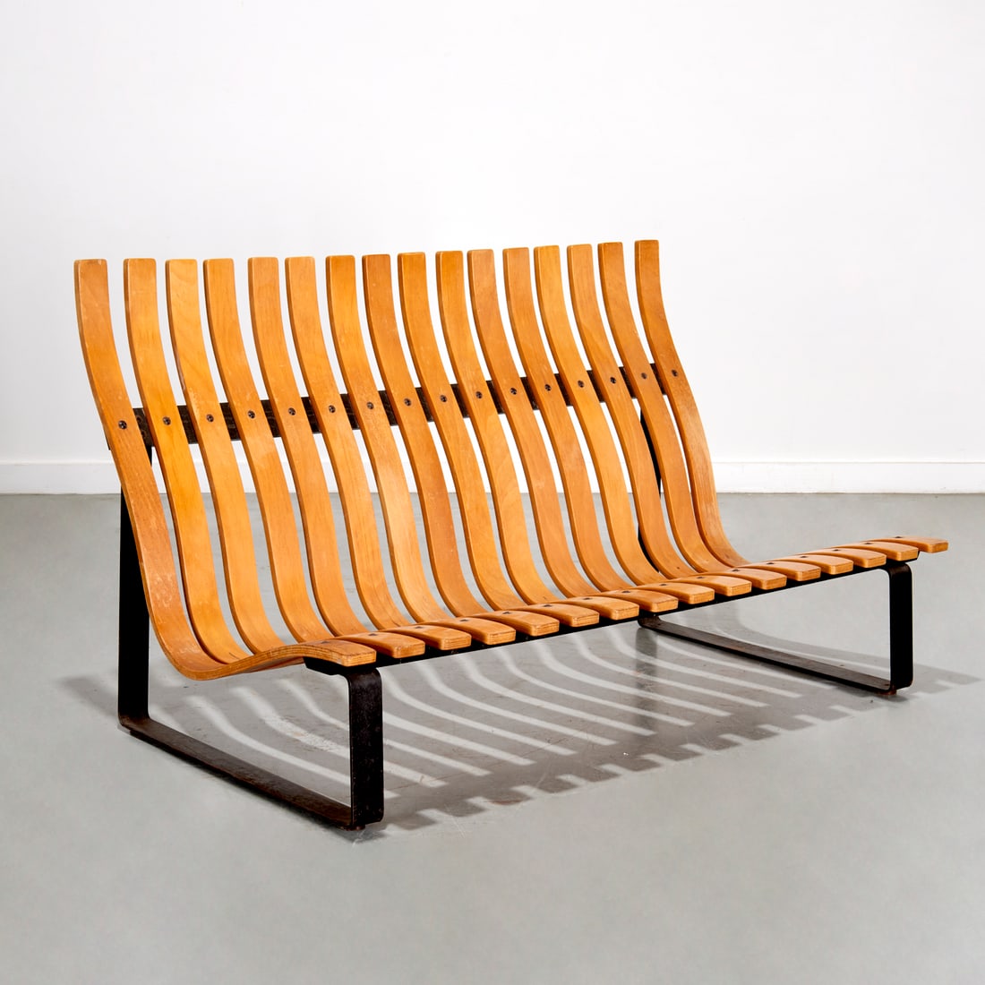 Kho Liang Le for Artifort, bentwood & steel settee: Kho Liang Le for Artifort, bentwood & steel settee, 1960s, France, 33.25"h x 55.5"w x 33"d, 12"h (to front of seat)