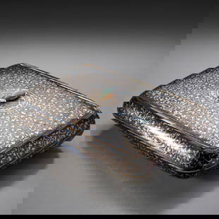 Austrian silver and niello snuff box: Austrian silver and niello snuff box, c. 1872-1922., Vienna, Austria-Hungary, rounded cuboid form, hinged lid with mother-of-pearl insert, Dianakopf mark and MS maker's mark to interior, 1"h x 3.75"l