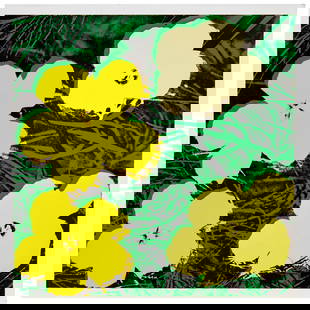 Andy Warhol, screenprint, 1970: Andy Warhol, screenprint, 1970, Andy Warhol (American, 1928-1987), "Flowers (4 Yellow)", serigraph on light board, unsigned, loose and unframed, 21.5"h x 21.5"w