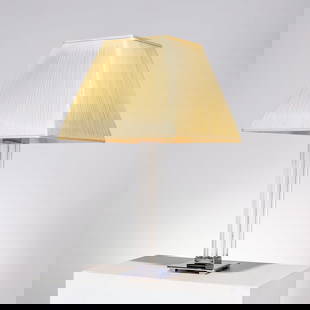 Karl Springer (attrib), lucite & nickel table lamp: Karl Springer (attrib), lucite & nickel table lamp, c. 1980s, USA, square column form, with channeled sides, 28"h x 6"squ (total), 12.5"h x 16.5"squ (shade)