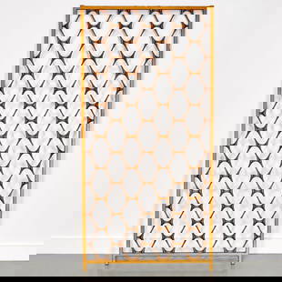 Mid-Century Modern architectural panel: Mid-Century Modern architectural panel, Mid 20th c., openwork gold patinated metal panel in stylized honeycomb design, unmarked, 58"h x 28.5"w x 0.75"d