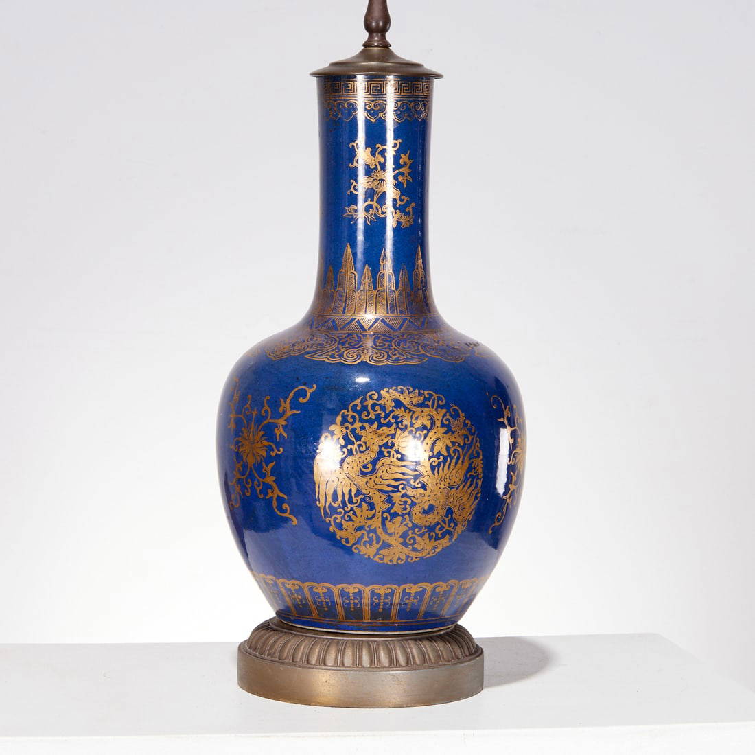 Chinese gilt powder blue porcelain vase lamp